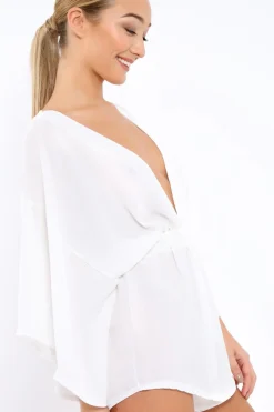 Rebellious Fashion White Kimono Plunge Playsuit - Alisa