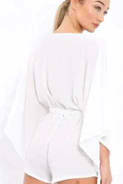Rebellious Fashion White Kimono Plunge Playsuit - Alisa