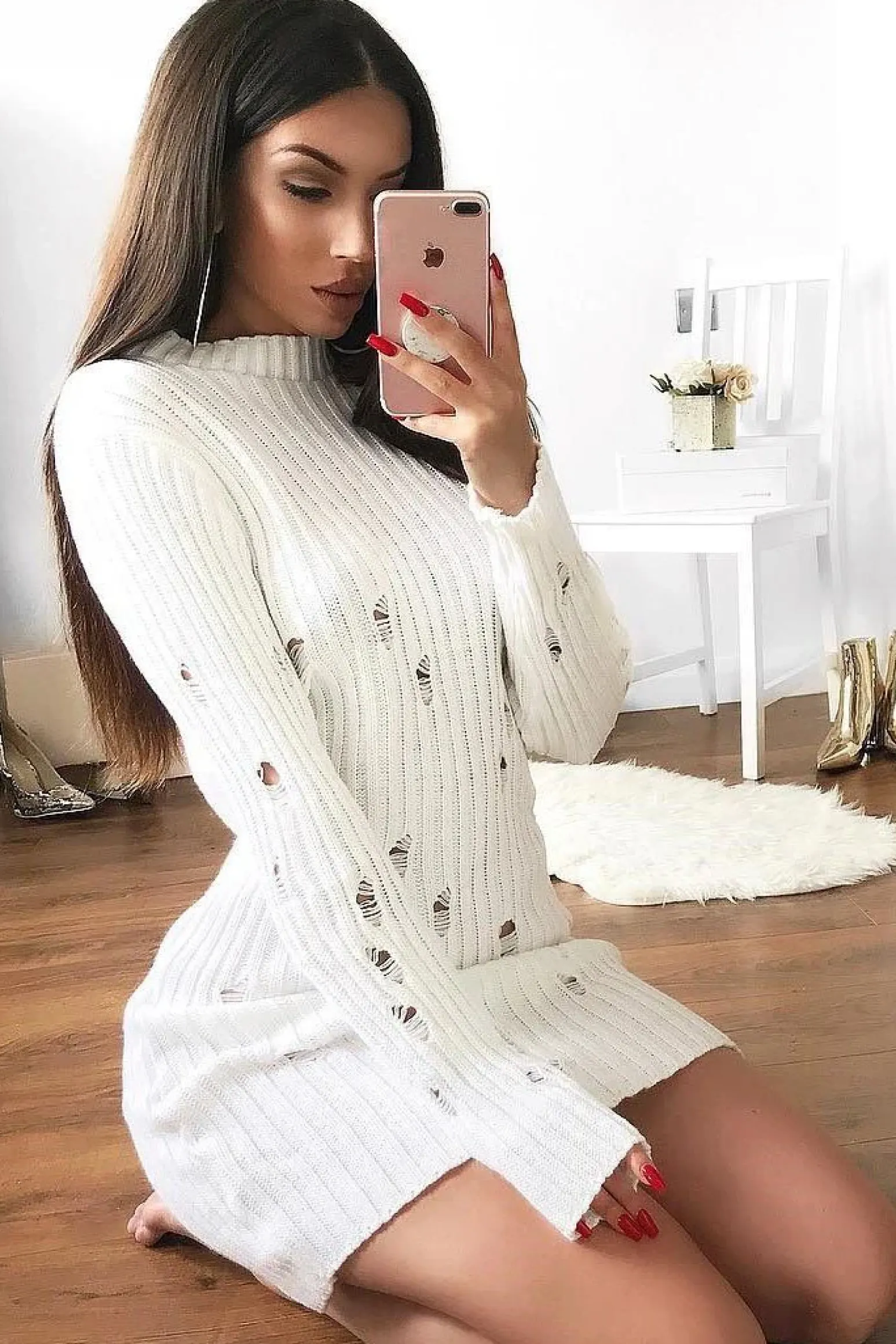 Rebellious Fashion White Knit Distressed Jumper Dress - Cheryl