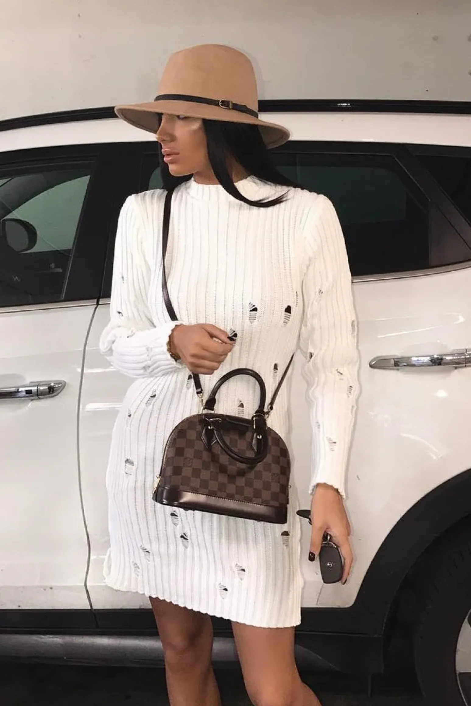 Rebellious Fashion White Knit Distressed Jumper Dress - Cheryl