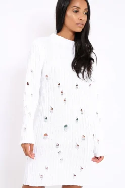 Rebellious Fashion White Knit Distressed Jumper Dress - Cheryl