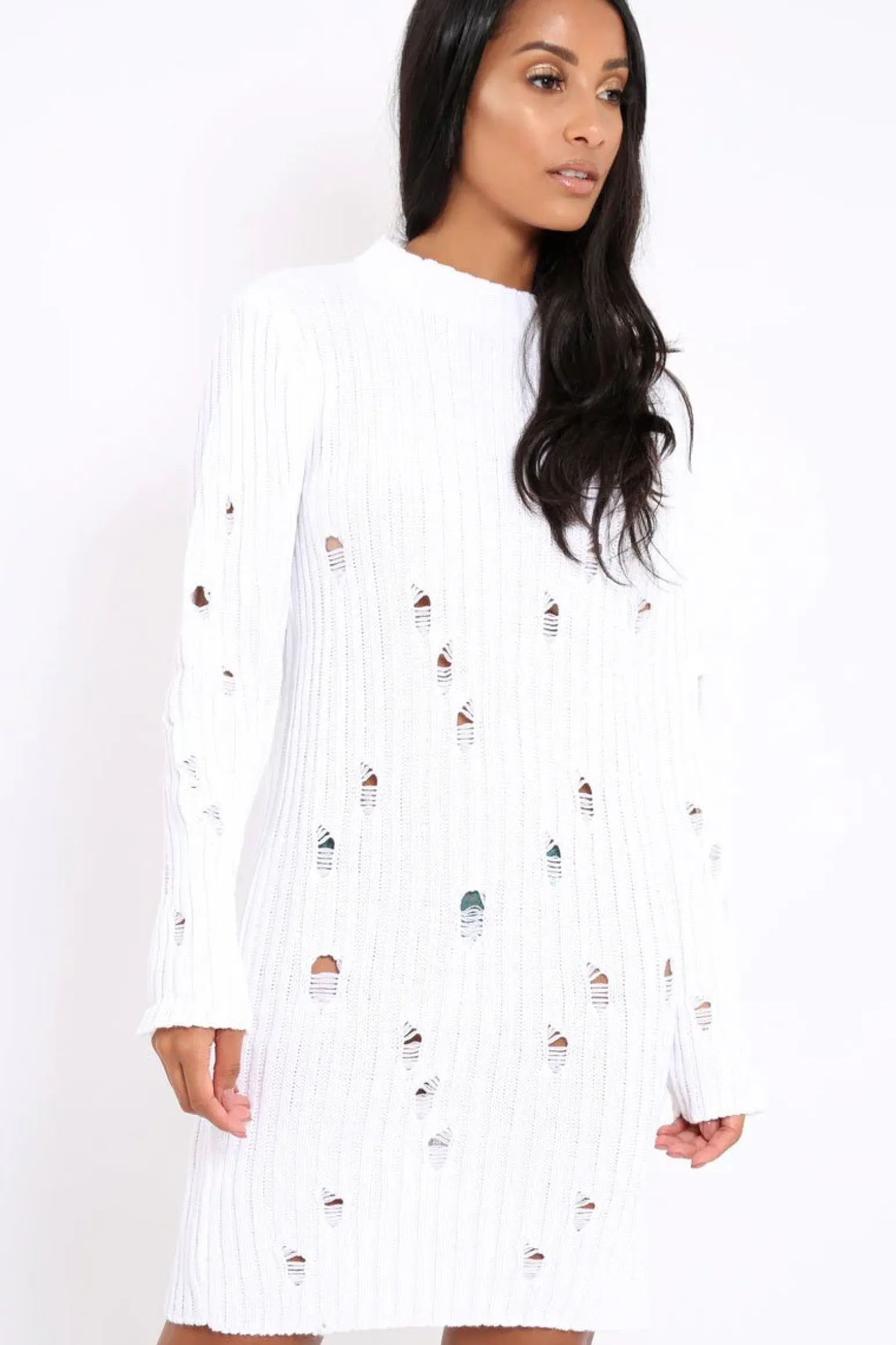 Rebellious Fashion White Knit Distressed Jumper Dress - Cheryl