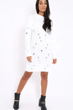 Rebellious Fashion White Knit Distressed Jumper Dress - Cheryl
