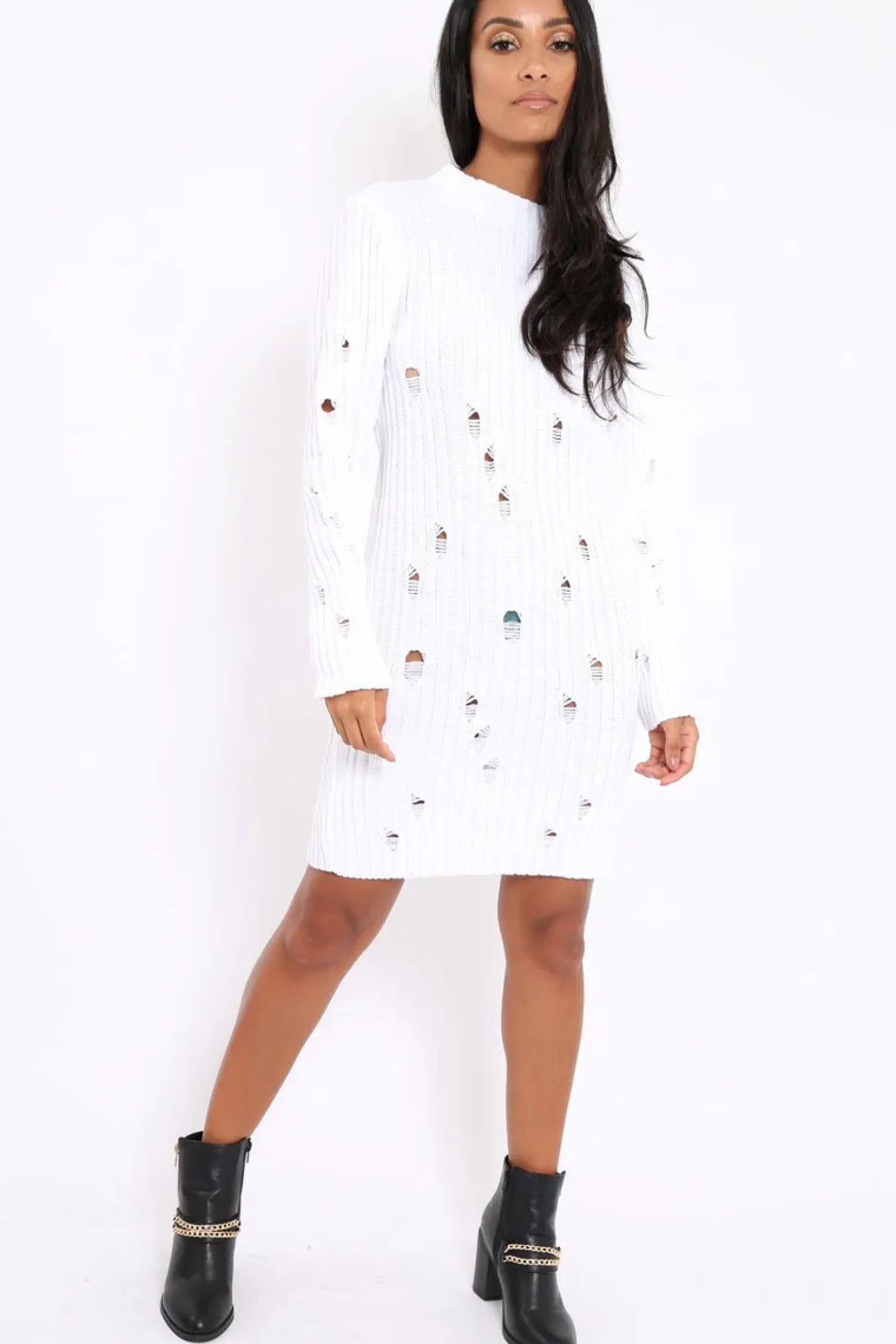 Rebellious Fashion White Knit Distressed Jumper Dress - Cheryl