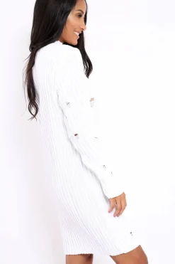 Rebellious Fashion White Knit Distressed Jumper Dress - Cheryl