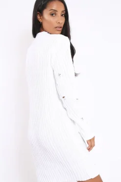 Rebellious Fashion White Knit Distressed Jumper Dress - Cheryl