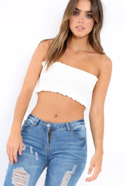 Rebellious Fashion White Knit Frill Bandeau Crop Top - Poppy