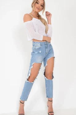 Rebellious Fashion White Knitted Bardot Crop Top - Inari