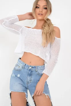 Rebellious Fashion White Knitted Bardot Crop Top - Inari