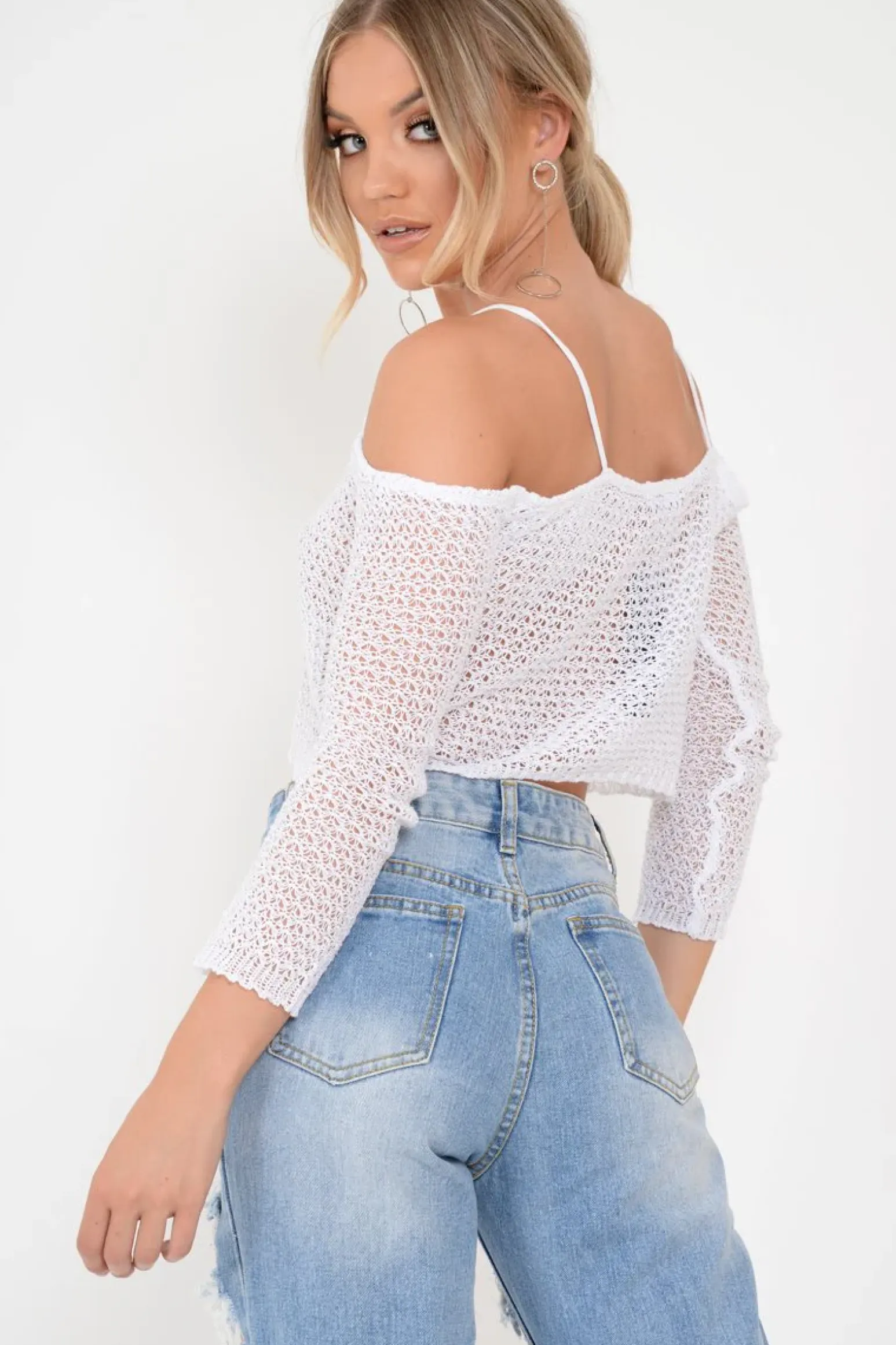 Rebellious Fashion White Knitted Bardot Crop Top - Inari