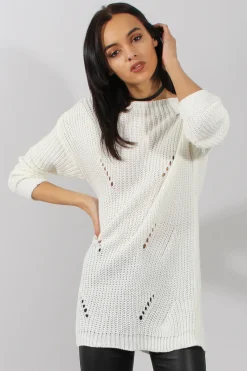 Rebellious Fashion White Knitted Distressed Back Jumper Dress - Cara