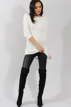 Rebellious Fashion White Knitted Distressed Back Jumper Dress - Cara