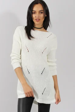 Rebellious Fashion White Knitted Distressed Back Jumper Dress - Cara