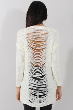 Rebellious Fashion White Knitted Distressed Back Jumper Dress - Cara