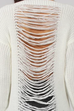 Rebellious Fashion White Knitted Distressed Back Jumper Dress - Cara