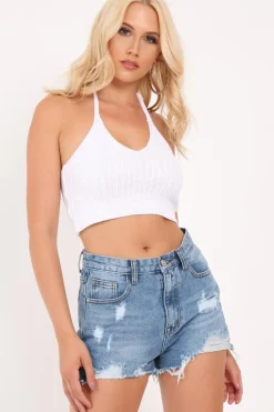Rebellious Fashion White Knitted Halterneck Crop Top - Jacia