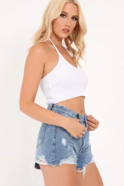 Rebellious Fashion White Knitted Halterneck Crop Top - Jacia