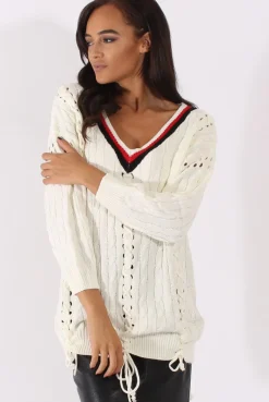 Rebellious Fashion White Knitted Lace Up Detail Sweater - Yazz