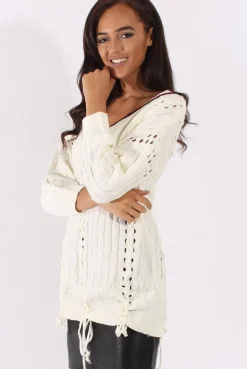 Rebellious Fashion White Knitted Lace Up Detail Sweater - Yazz