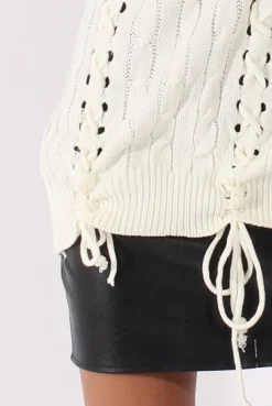 Rebellious Fashion White Knitted Lace Up Detail Sweater - Yazz