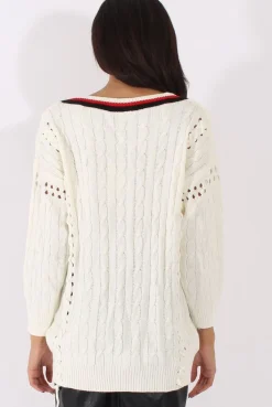 Rebellious Fashion White Knitted Lace Up Detail Sweater - Yazz