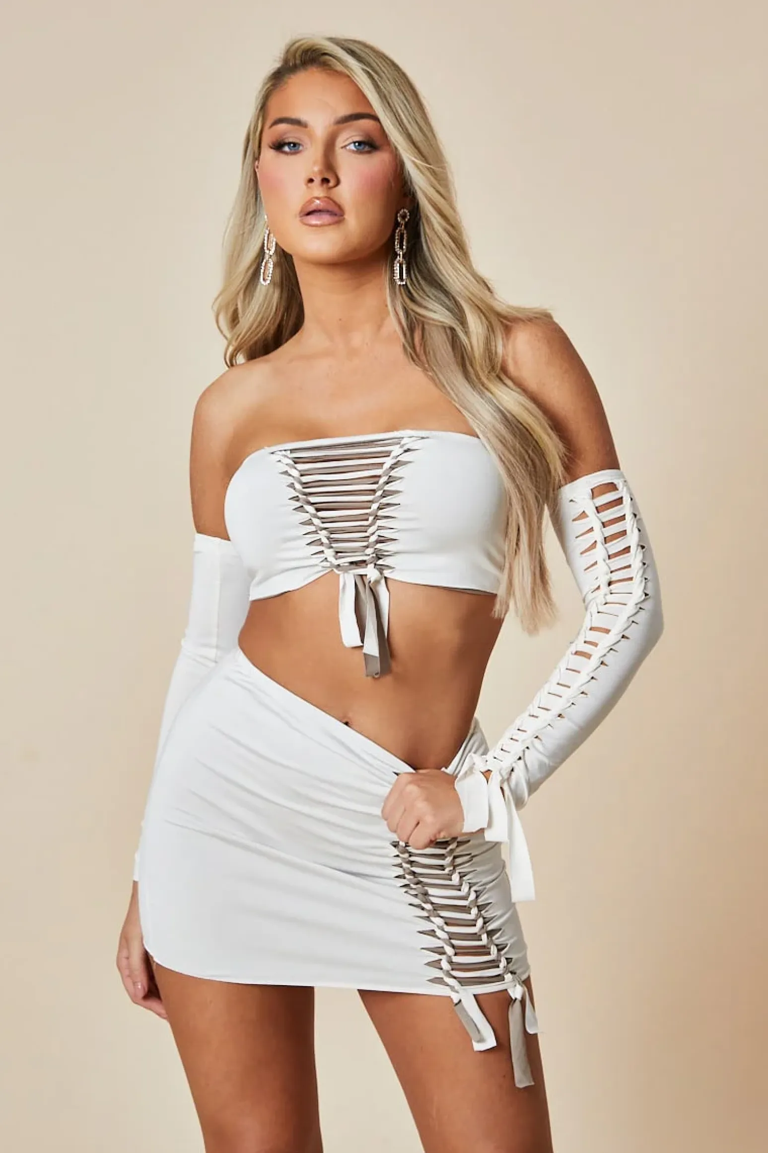 Rebellious Fashion White Knot Detail Bandeau Cropped Top & Mini Skirt Set - Piu