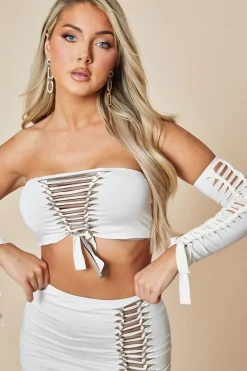 Rebellious Fashion White Knot Detail Bandeau Cropped Top & Mini Skirt Set - Piu