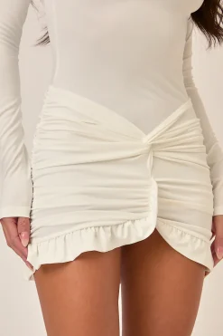 Rebellious Fashion White Knot Detail Long Sleeve Mini Dress - Pearl