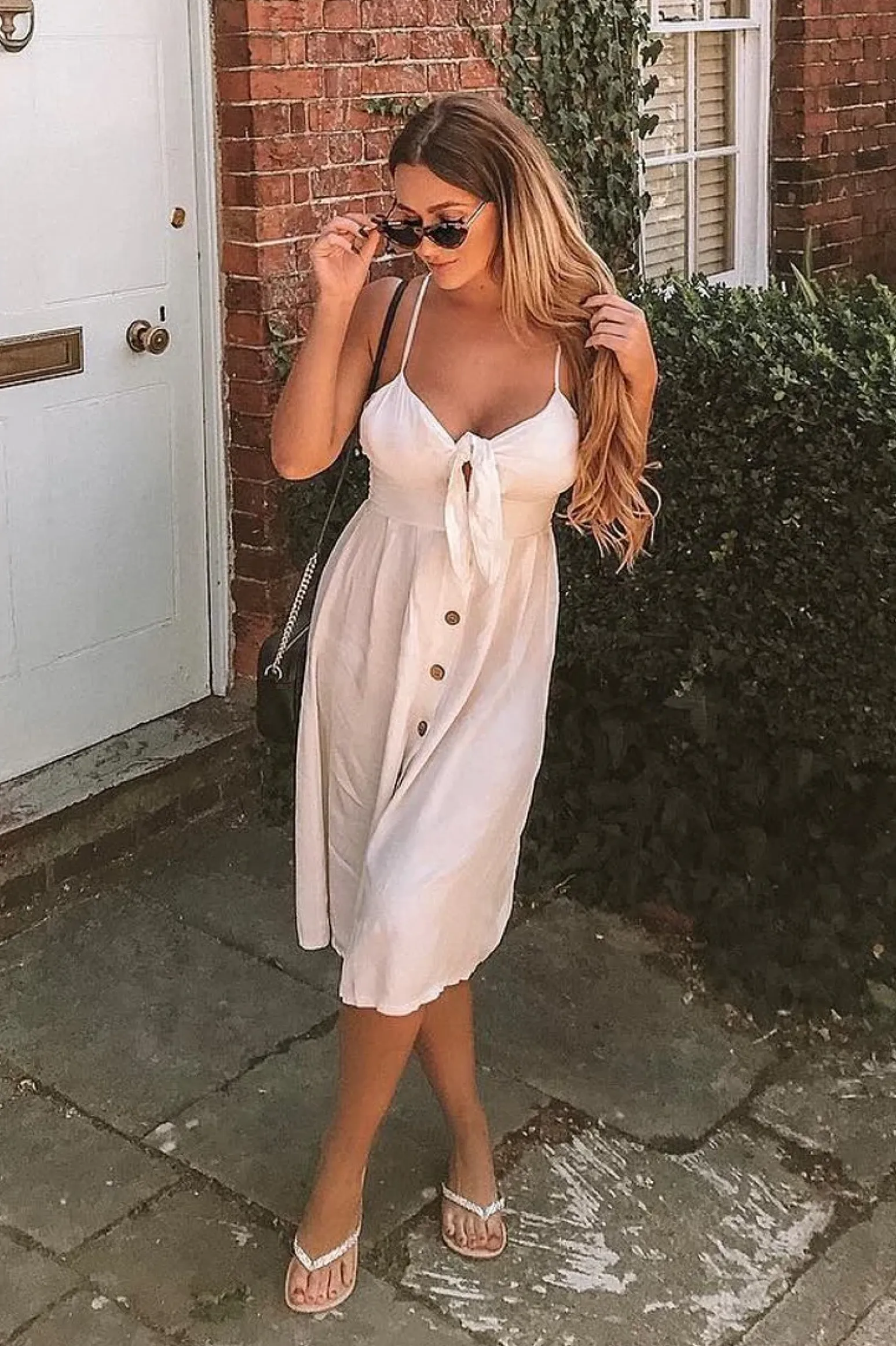 Rebellious Fashion White Knot Front Button Dress - Kadia