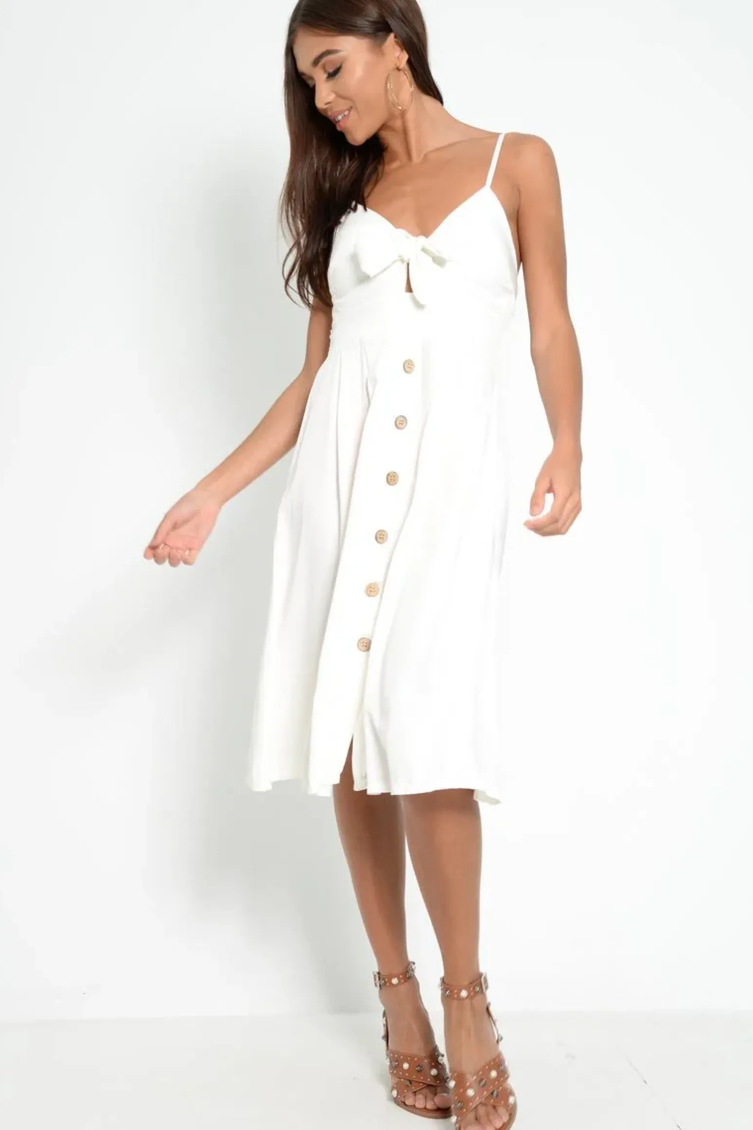 Rebellious Fashion White Knot Front Button Dress - Kadia