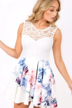 Rebellious Fashion White Lace & Floral Layered Skater Dress - Francesca