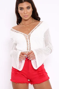 Rebellious Fashion White Lace and Crochet Plunge Front Bodysuit -Tamila