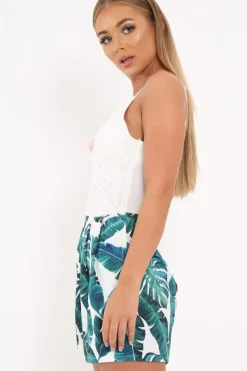 Rebellious Fashion White Lace and Palm Leaf Print Playsuit - Tarini