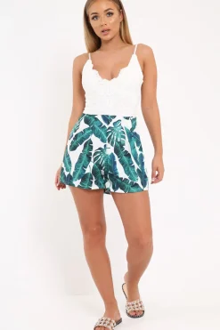 Rebellious Fashion White Lace and Palm Leaf Print Playsuit - Tarini