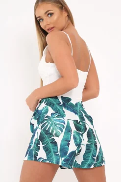 Rebellious Fashion White Lace and Palm Leaf Print Playsuit - Tarini