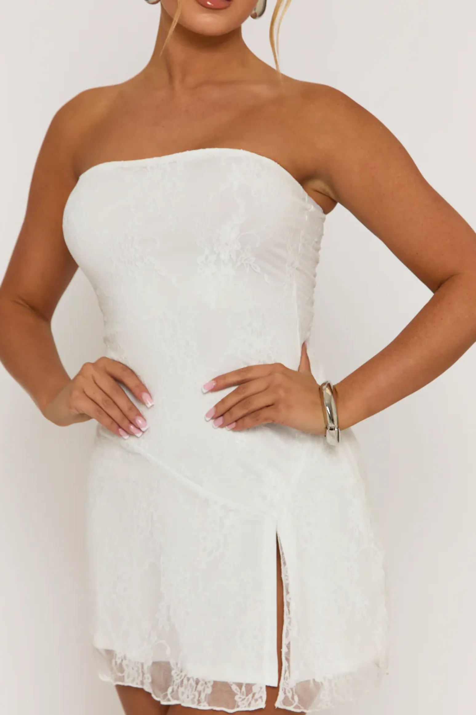 Rebellious Fashion White Lace Bandeau Mini Dress - Dominika