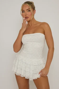 Rebellious Fashion White Lace Bandeau Ruffle Mini Dress - Barbarella