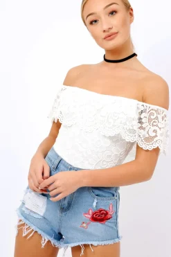 Rebellious Fashion white Lace Bardot Bodysuit - Rae