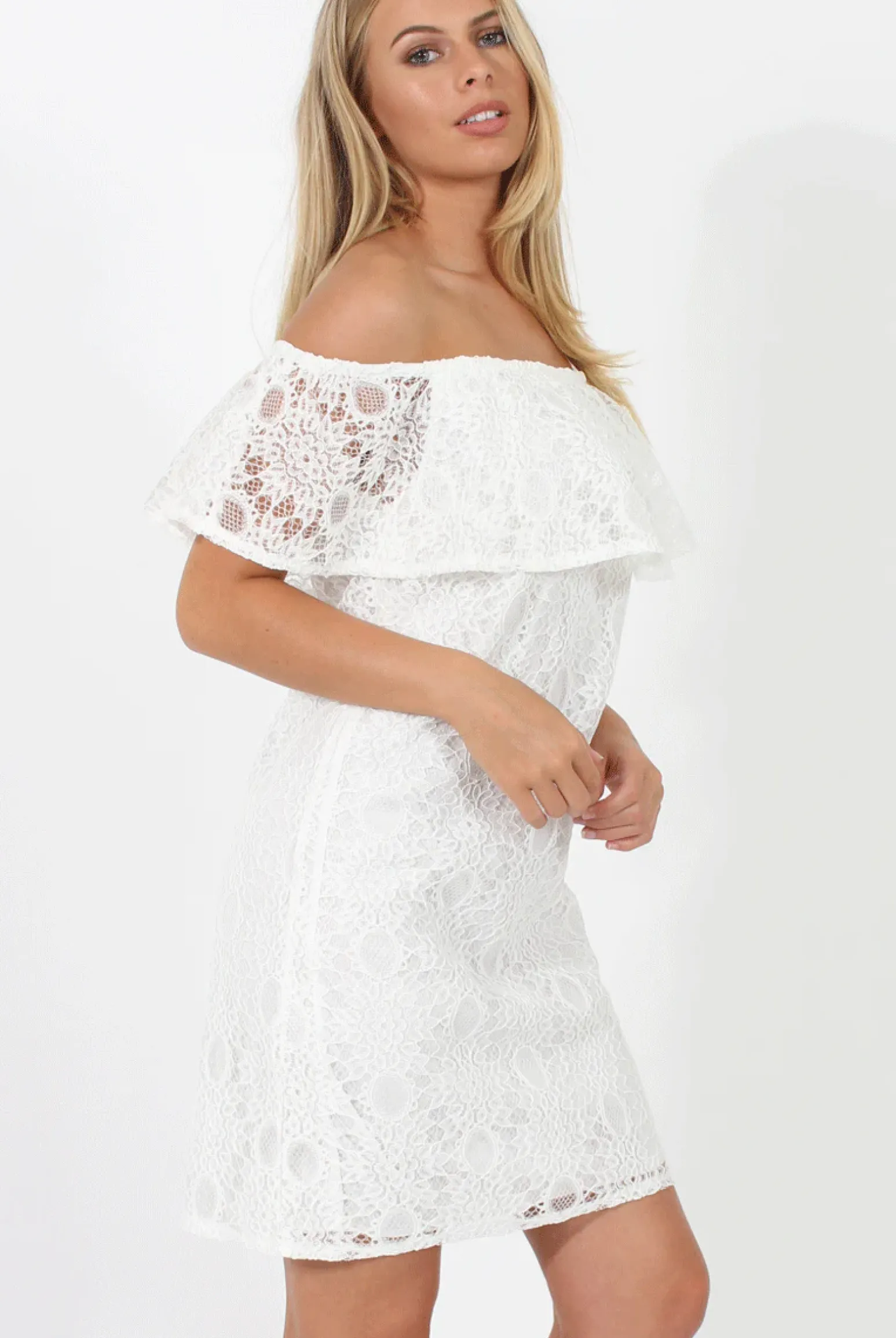 Rebellious Fashion White Lace Bardot Dress - Magdalena