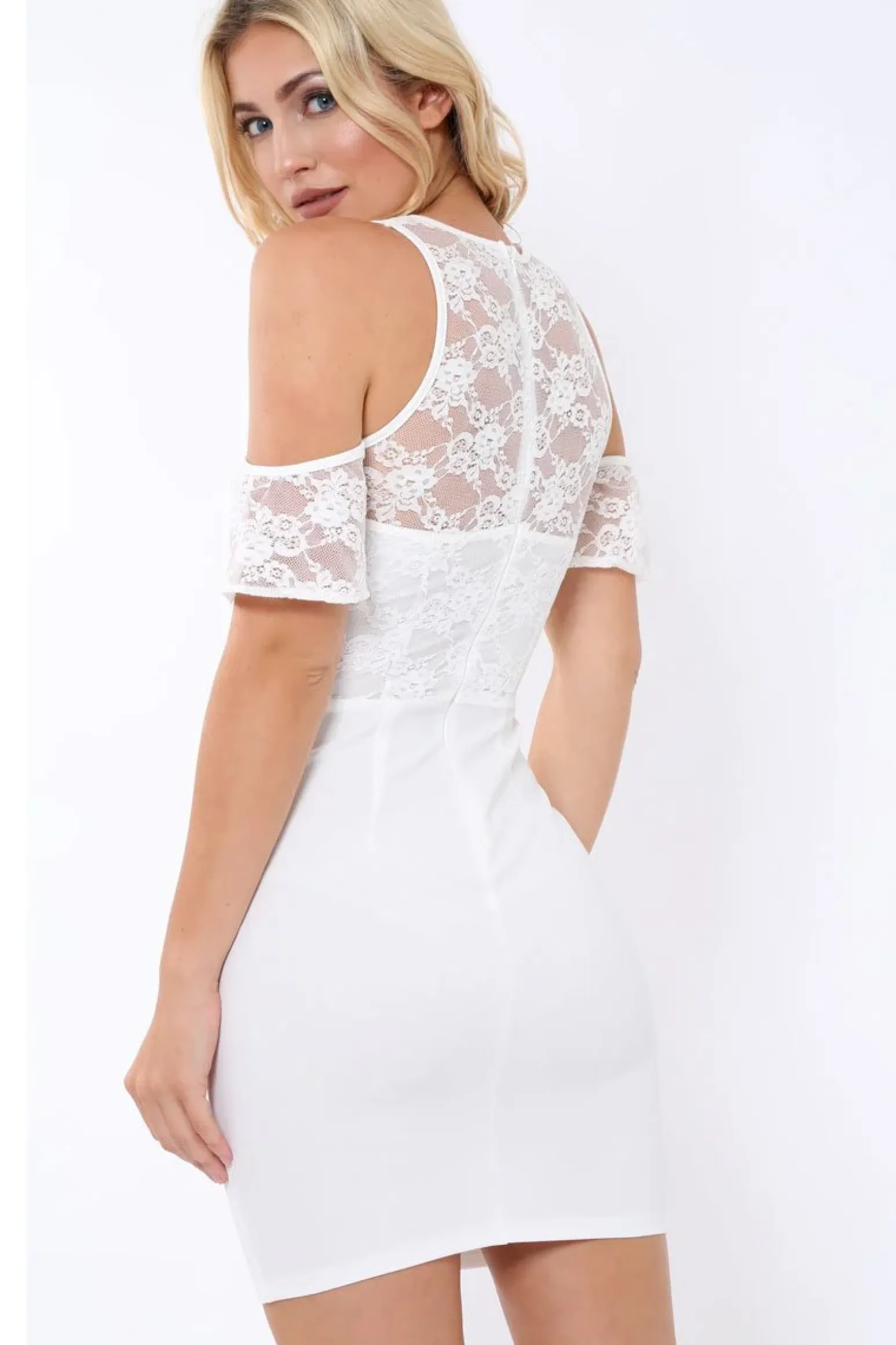 Rebellious Fashion White Lace Bodycon Dress with Cold Shoulder - Sheila
