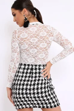 Rebellious Fashion White Lace Bodysuit with Lace Up Front - Khiana