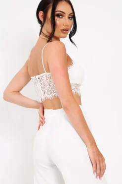 Rebellious Fashion White Lace Cami Strap Crop Top - Lesta