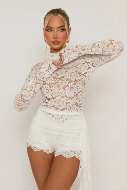 Rebellious Fashion White Lace Draped Wrap Playsuit - Rina