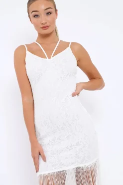Rebellious Fashion White Lace Dress with Long Tassel Hems - Zana