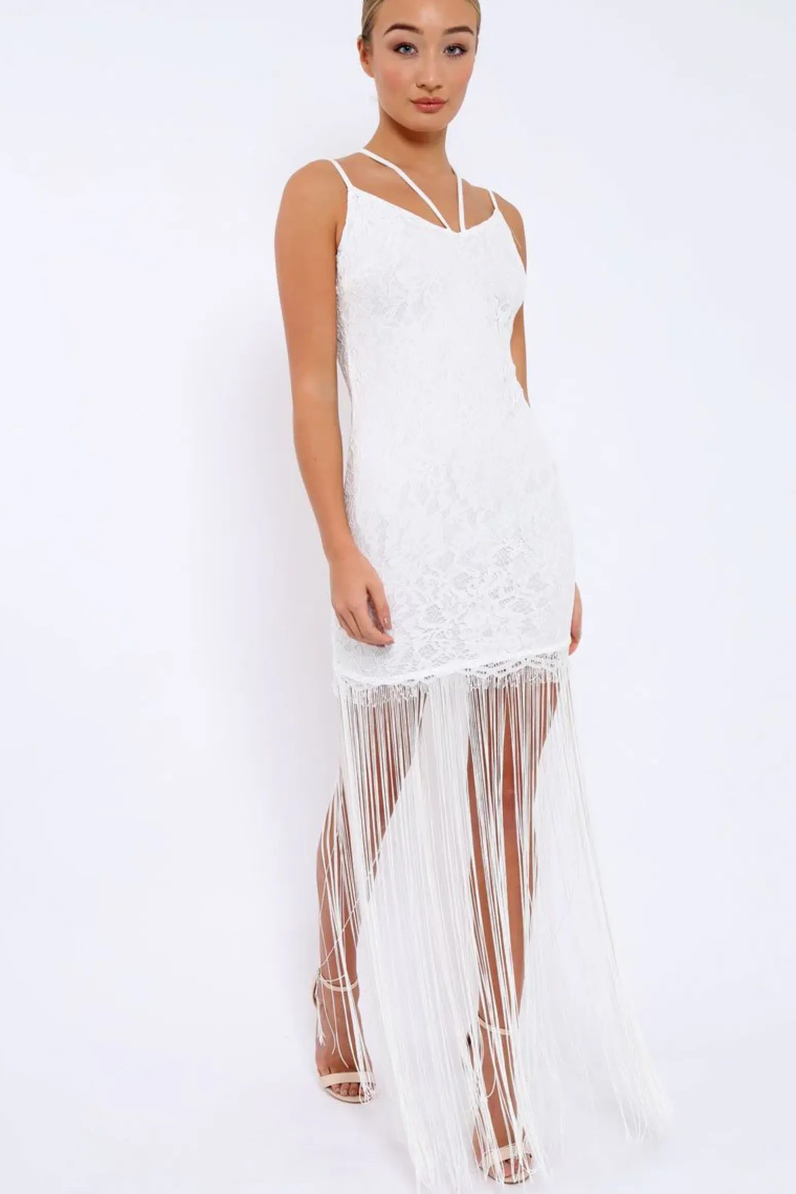 Rebellious Fashion White Lace Dress with Long Tassel Hems - Zana