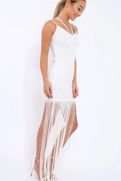 Rebellious Fashion White Lace Dress with Long Tassel Hems - Zana