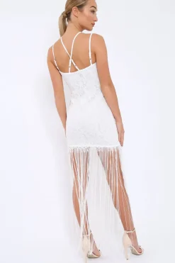 Rebellious Fashion White Lace Dress with Long Tassel Hems - Zana