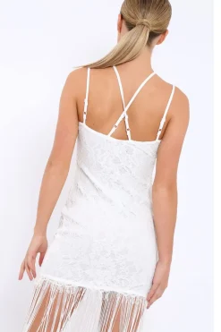 Rebellious Fashion White Lace Dress with Long Tassel Hems - Zana