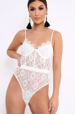 Rebellious Fashion White Lace Flower Bodysuit - Faylen