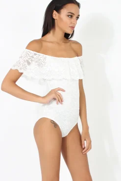 Rebellious Fashion White Lace Frill Bardot Bodysuit - Tonika